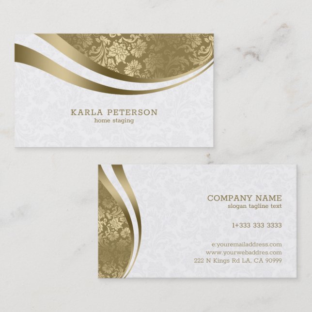 White & Gold Damask Dynamic Lines Monogram Business Card (Front/Back)