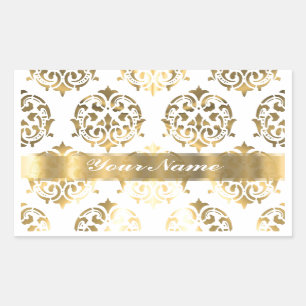 White & gold damask rectangular sticker