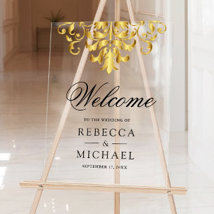 White Gold Damask Wedding Welcome Acrylic Sign
