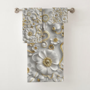 White Gold Decorative 3D Floral  Bath Towel Set