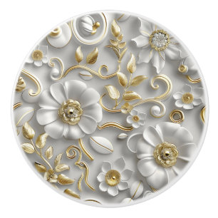 White Gold Decorative 3D Floral Elegant  Ceramic Knob