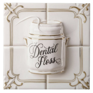 White & Gold Dental Floss Funny Dentist Bathroom Ceramic Tile