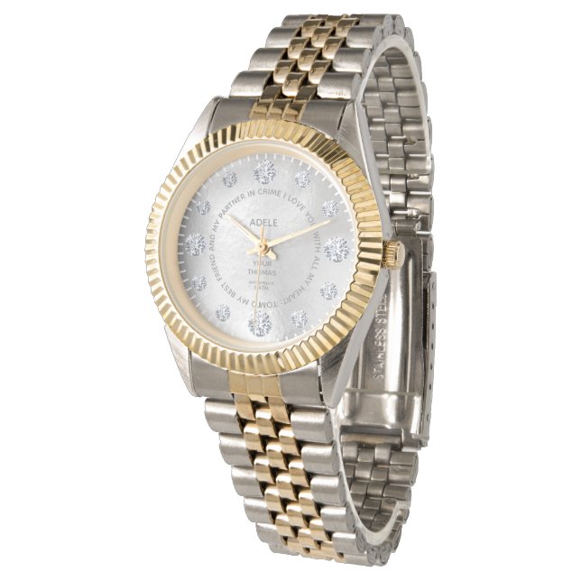 White Gold Diamond Custom Saying Dial Gift Wrist Watch (Angled)