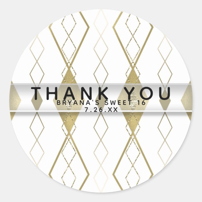 White & Gold Diamond Glamour Modern Party Favour Classic Round Sticker (Front)