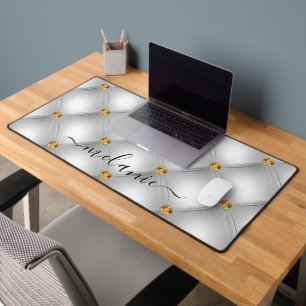 White Gold Diamond Tufted Custom Name Desk Mat