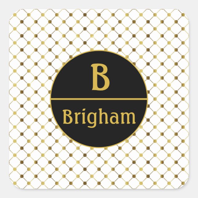 White & Gold Dot Grid Split Monogram Square Sticker (Front)