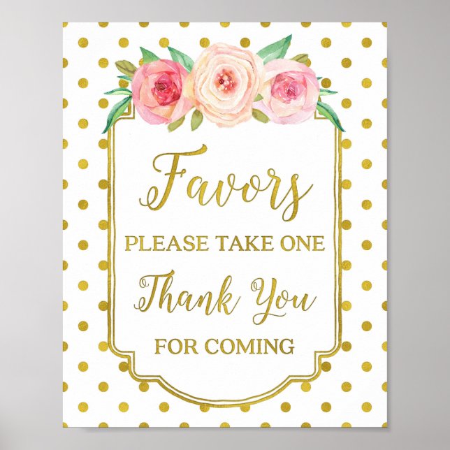 White Gold Dots Blush Floral Favours Sign (Front)