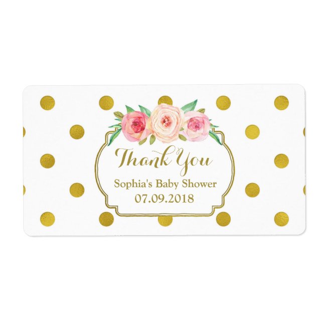White Gold Dots Floral Baby Shower Labels (Front)