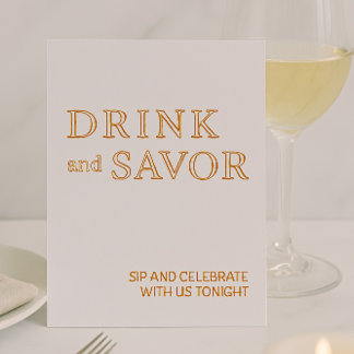 White & Gold Drink & Savour Wedding Bar Sign Foil  Holiday Card
