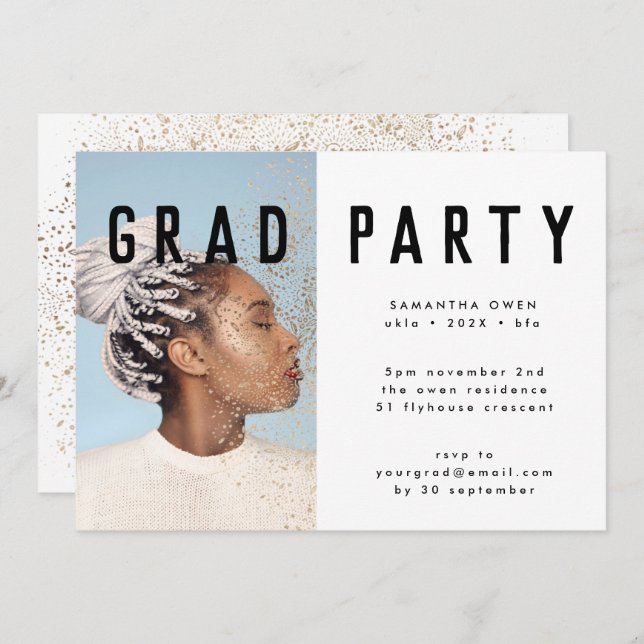 White Gold Elegant Botanicals Grad Photo Party Invitation (Front/Back)