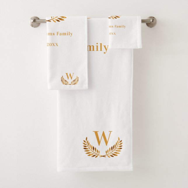 White gold family monogram initial laurel wreath bath towel set (Insitu)