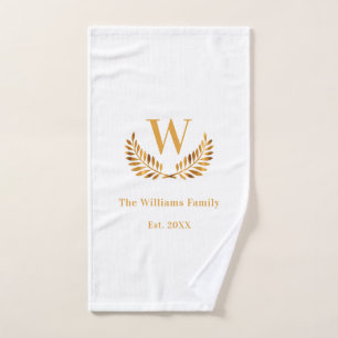 White gold family monogram initial laurel wreath bath towel set