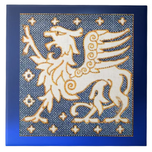 WHITE GOLD FANTASY GRIFFIN IN BLUE CERAMIC TILE