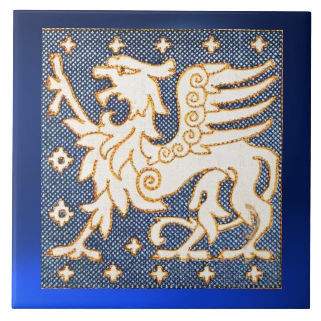 WHITE GOLD FANTASY GRIFFIN IN BLUE CERAMIC TILE (Front)