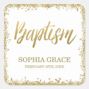 White Gold Faux Glitter Baptism Square Sticker