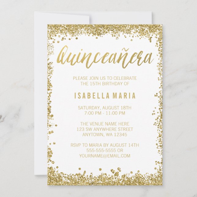 White Gold Faux Glitter Quinceanera 15th Birthday Invitation (Front)