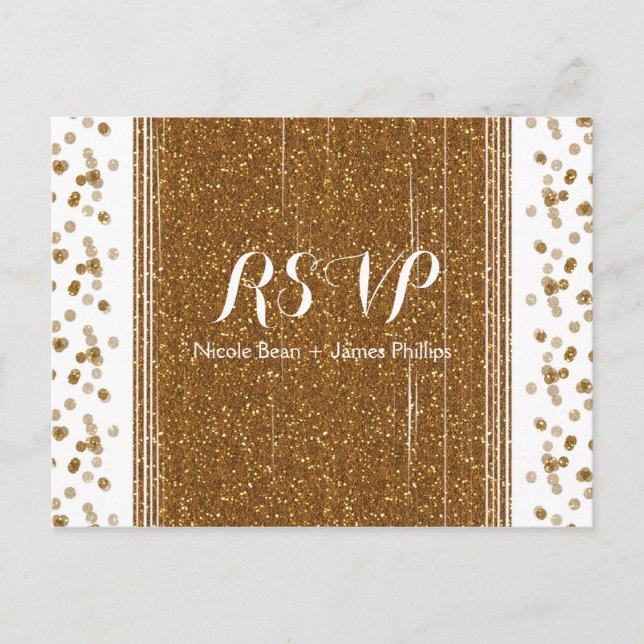 White & Gold Faux Glitter Wedding RSVP Postcard (Front)