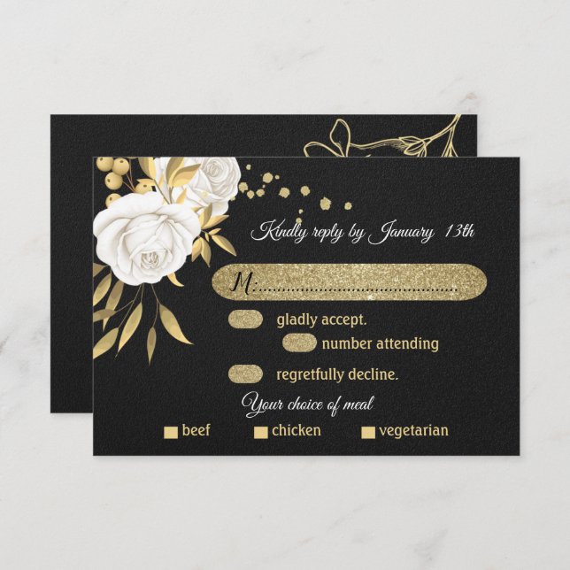white gold floral black meal choice  RSVP card (Front/Back)