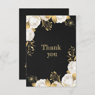 white gold floral black thank you card