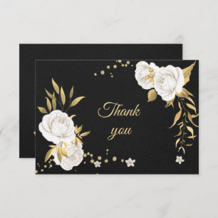 white gold floral black thank you card