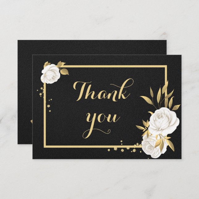 white gold floral black thank you card (Front/Back)