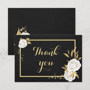 white gold floral black thank you card