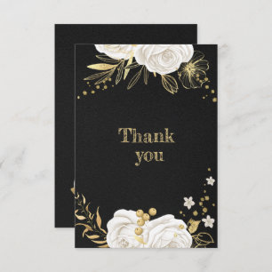 white gold floral black thank you card