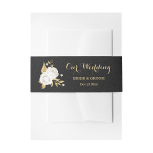 white gold floral black wedding  invitation belly band