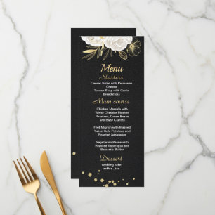 white gold floral black wedding menu