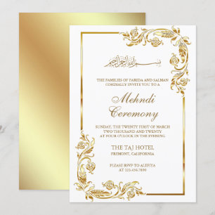 White Gold Floral Border Islamic Mehndi Ceremony Invitation
