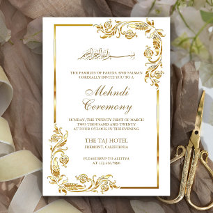 White Gold Floral Border Islamic Mehndi Ceremony Invitation