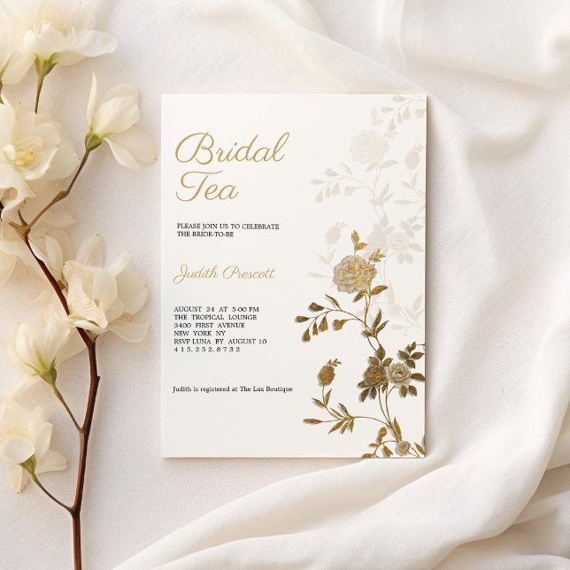 White gold floral bridal tea party Bridal Shower  Invitation (White gold floral bridal tea party Bridal Shower)