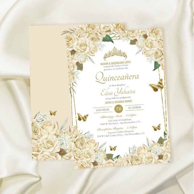 White Gold Floral Butterfly Cream Rose Quinceanera Invitation (Creator Uploaded)