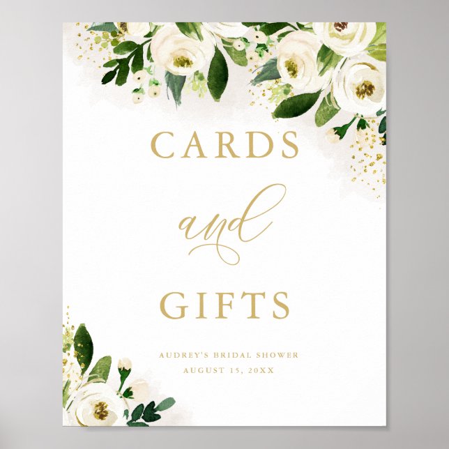 White Gold Floral Cards and Gifts Shower Poster (Front)