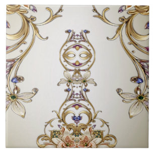 White Gold Floral Ceramic Tile