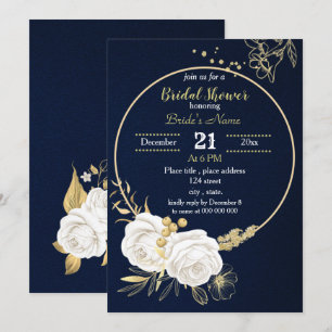 white gold floral circle navy blue bridal shower invitation