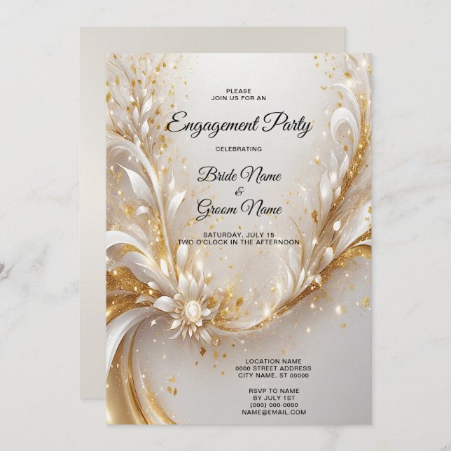 White Gold Floral Engagement Invitation (Front/Back)