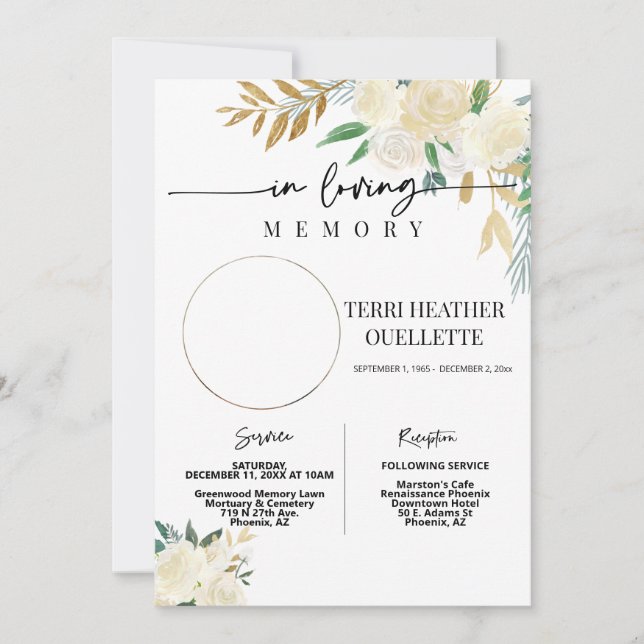 White Gold Floral Funeral Memorial Service Photo Invitation (Front)