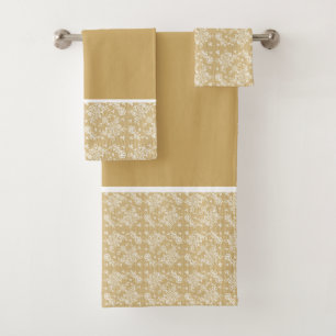 White & Gold Floral Lace Bath Towel Set