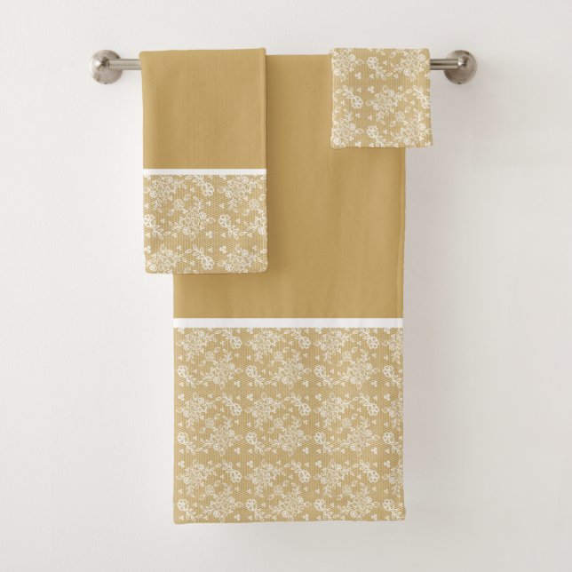 White & Gold Floral Lace Bath Towel Set (Insitu)
