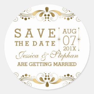 White & Gold Floral Lace Save The Date Classic Round Sticker
