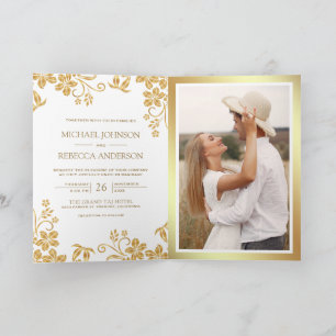 White Gold Floral Leaves QR Code Wedding Invitation