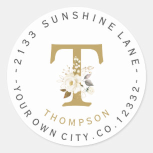 White Gold Floral Monogram Circular Address Label