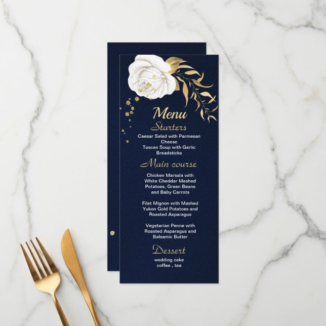 white gold floral navy blue menu (Front/Back In Situ)