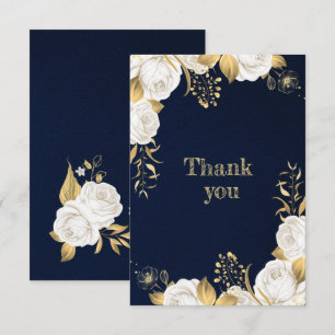 white gold floral navy blue thank you card