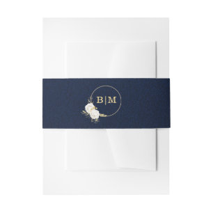 white gold floral navy blue wedding invitation belly band