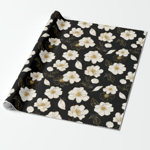 White Gold Floral on Black Wrapping Paper