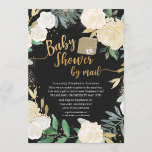 White Gold Floral Roses Baby Shower by mail Invitation