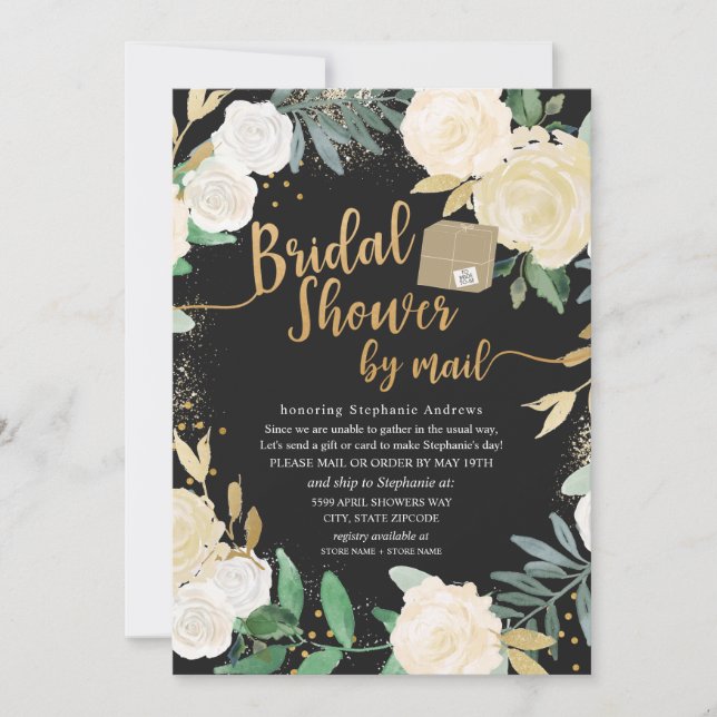 White Gold Floral Roses Bridal Shower by mail Invitation (Front)
