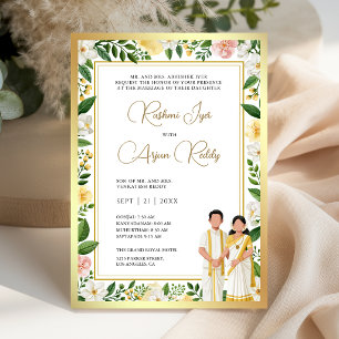White Gold Floral South Indian Couple Wedding Invitation